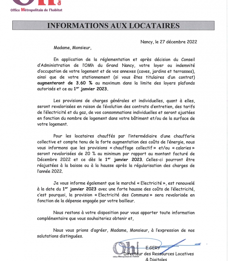Loyer janvier 2023